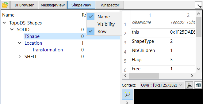 ShapeView tree header context menu